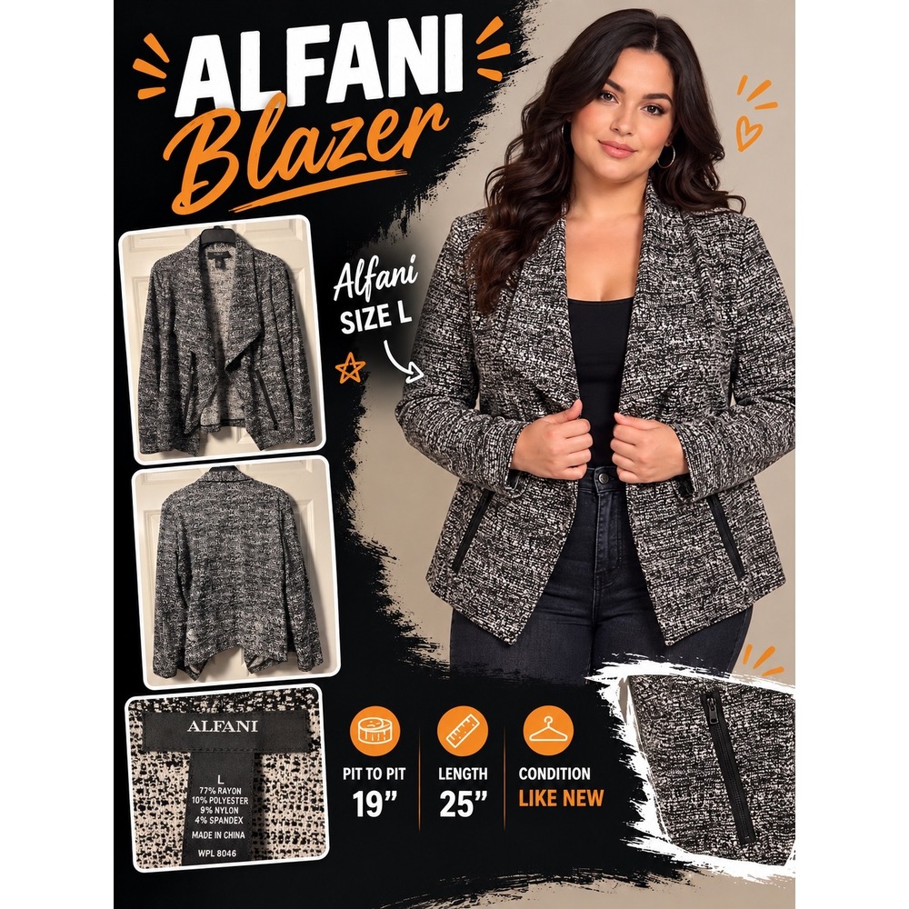 Alfani Womens Black White Marled Draped Open Front Jacket Zipper Pockets Large